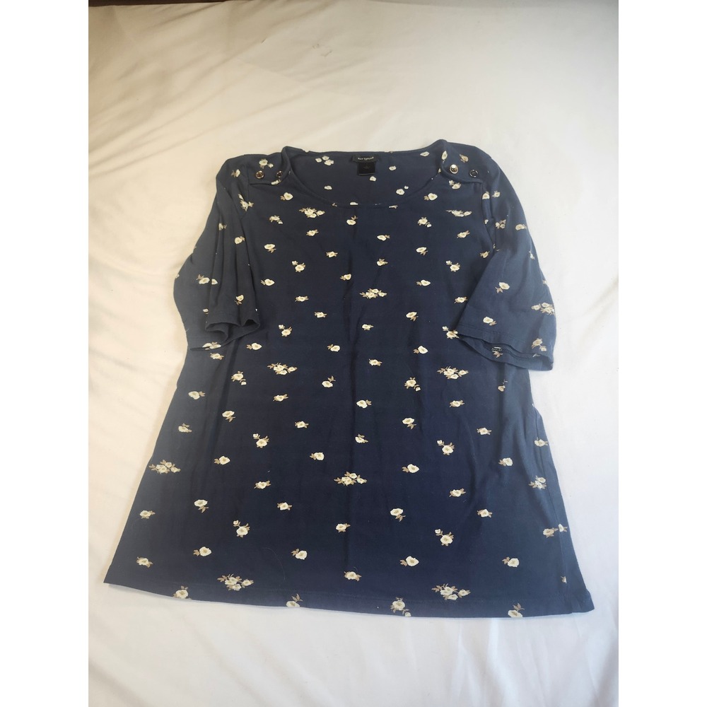 Ann Taylor Navy Blue Floral Button Shoulder Elbow Sleeve Knit Top Womens Large